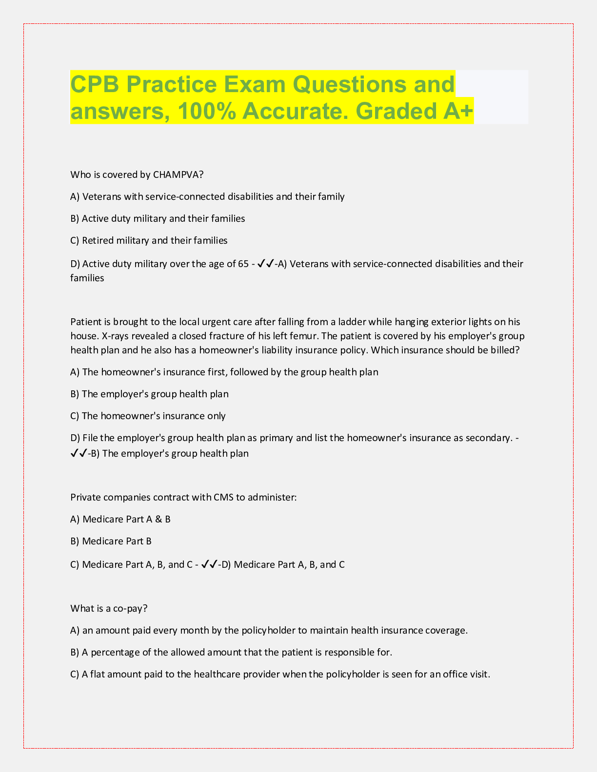 Preview image for CPB Practice Exam Questions and  answers, 100% Accurate. Graded A+ Who is covered by CHAMPVA?